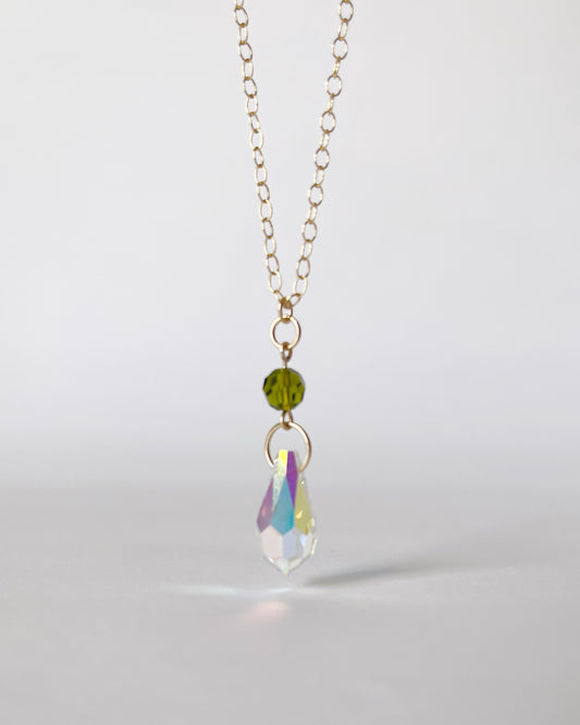 Olive & Crystal Teardrop Pendant Necklace